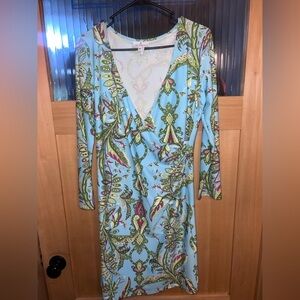 Jude Connally Blue Green Purple Paisley V-Neck Spandex Shift Dress 3/4 Sleeves